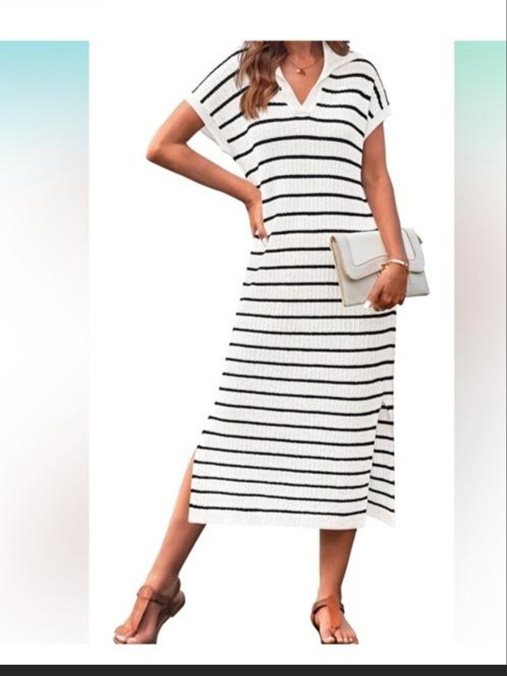Striped V-Neck Knit Midi Dress - White & Black